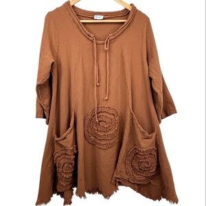 Oh My Gauze! Brown 1/2 Sleeve 2 Pocket Boho Circle Swirl Design Smock Tunic sz 1